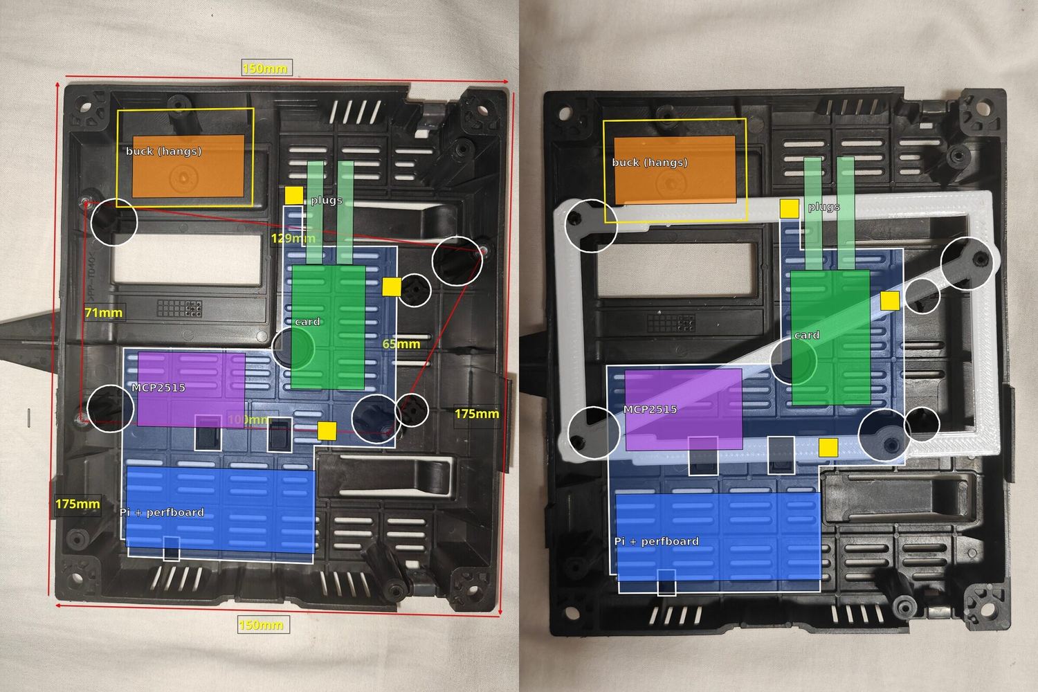 Due viste del fondo della scatola con aree colorate che indicano dove stanno il convertitore buck, la scheda audio, il modulo CAN e il Pi con la millefori; nella vista di destra il telaio stampato è al suo posto.