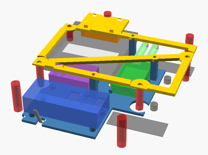 Modello 3D del supporto: il telaio giallo poggia su quattro colonnine; sotto c'è la base di montaggio blu. I blocchi colorati indicano gli ingombri del Pi, del modulo CAN, della scheda audio e del convertitore.